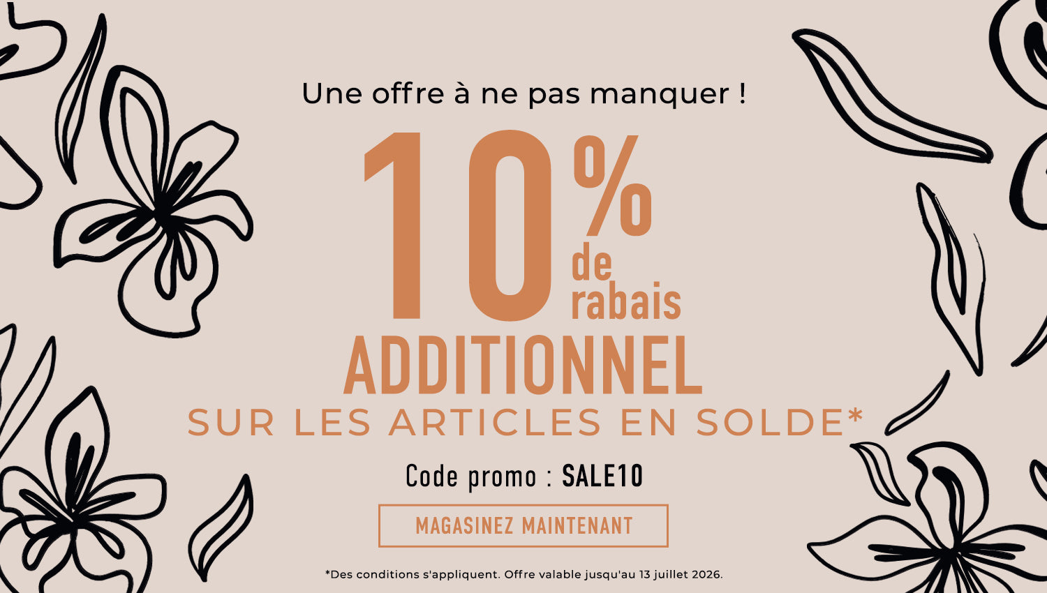 10 % de rabais extra sur tous les Articles en solde avec le Code promo : SALE10